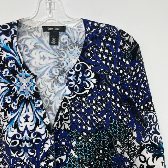White House Black Market Navy Printed Bright Pattern Snap Front Cardigan Sweater - Picture 2 of 8